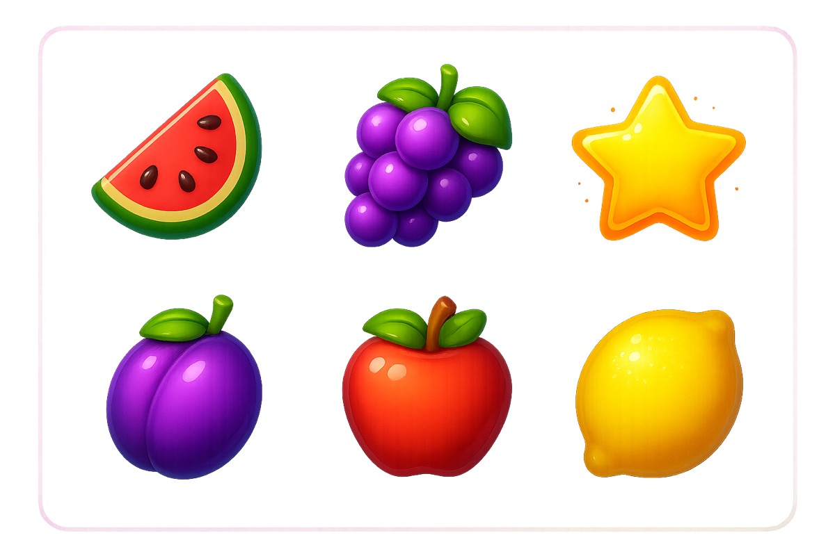 Fruit Party özellik sembolleri: karpuz, üzüm, erik, elma, limon ve yıldız scatter ikonları