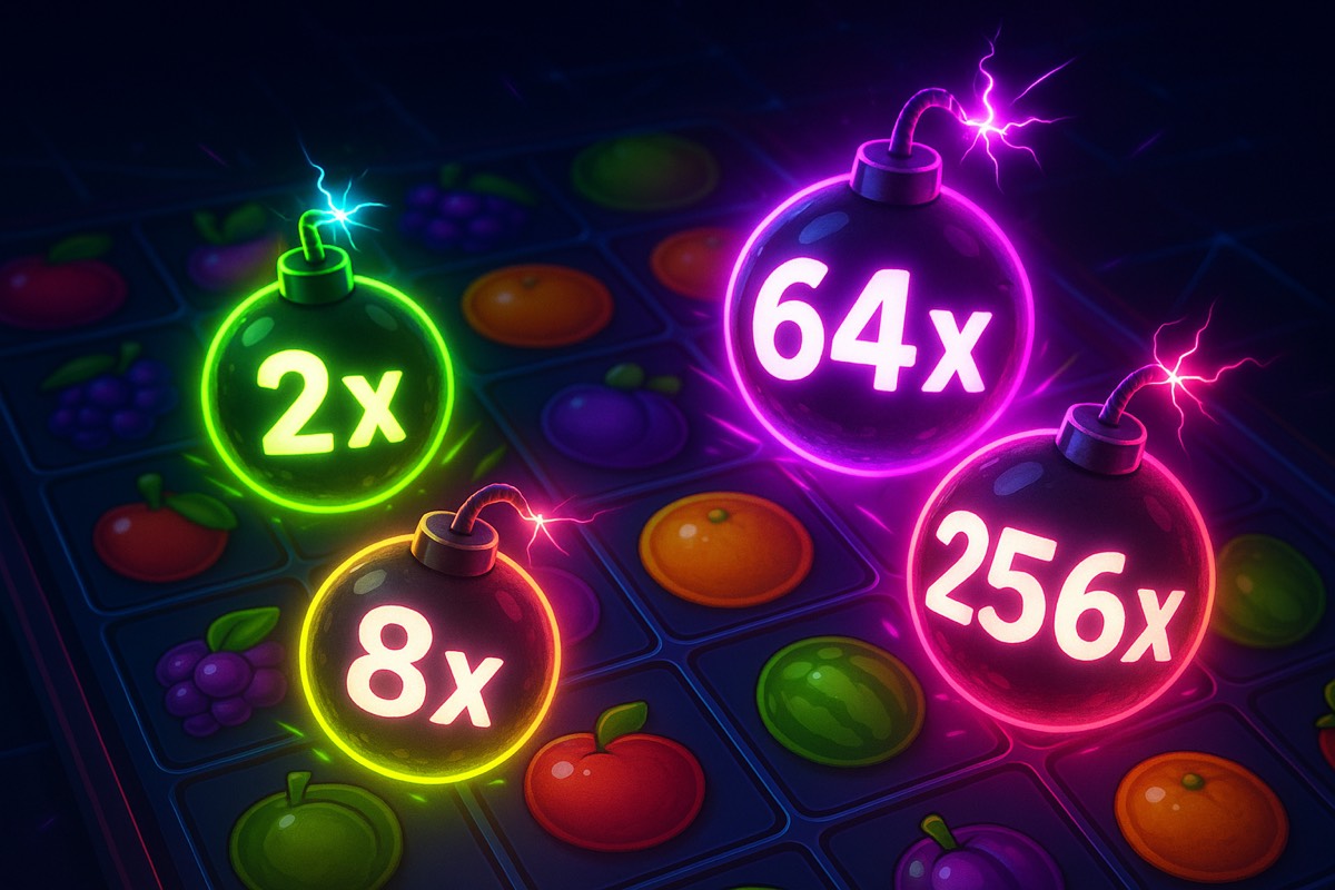 Fruit Party çarpan bombaları 2x 8x 64x 256x meyve sembolleri üzerinde